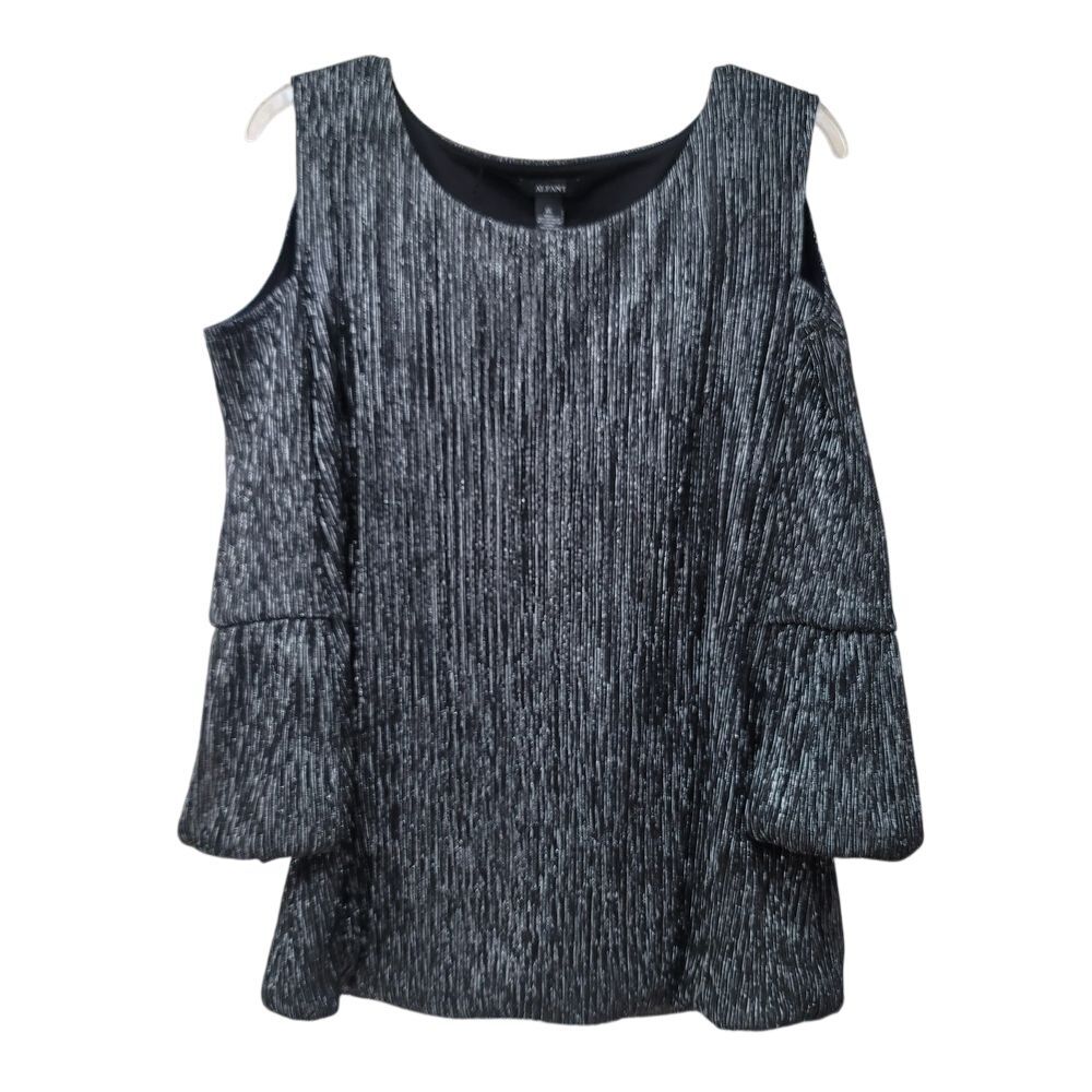 ALFANI Women's Pullover Bling Black/Silver Metallic Cold Shoulder Balloon Hem XL